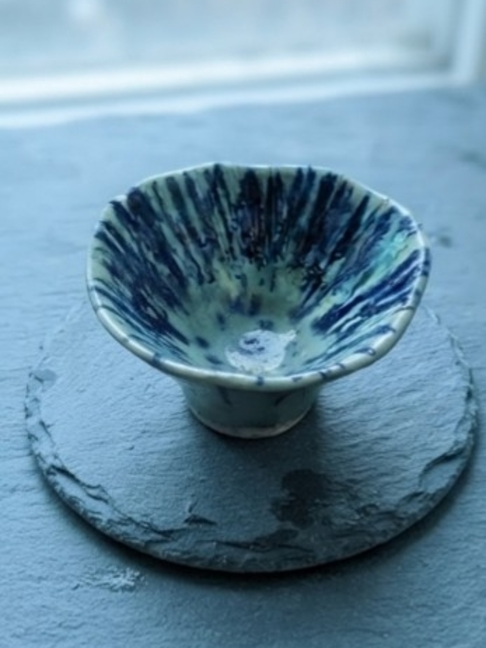 Handmade Studio Pottery Footed Small Bowl Blue Cobalt Feather Glaze Trinket Dish